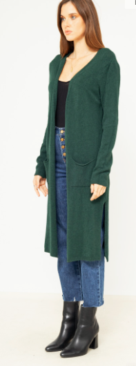 Stylish Bottle Green Longline Open Style Knit Soft Wool Viscose Mix with pockets