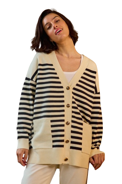 Luxurious Black and cream stripped relaxed fit button down cardigan with pockets