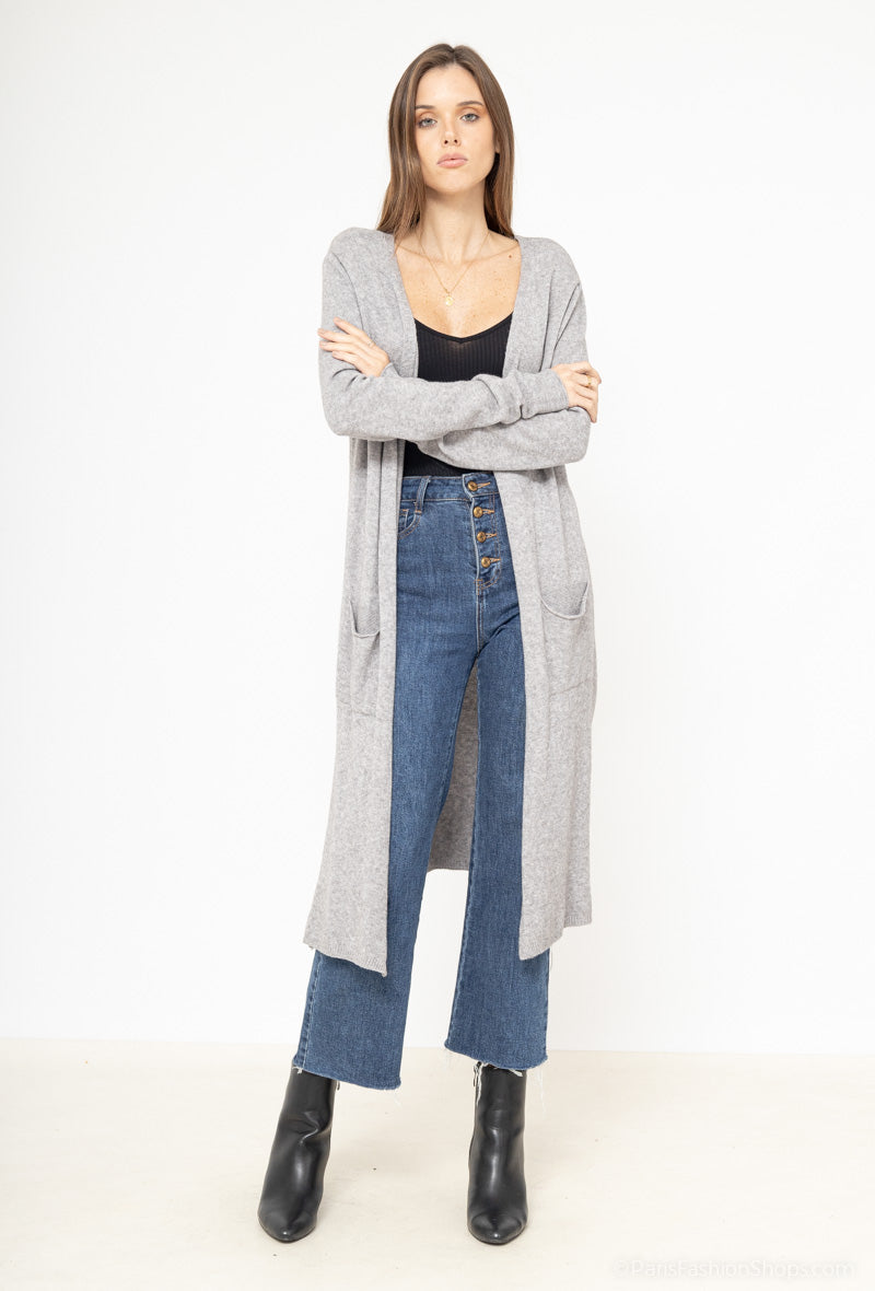 Wool Mix Open Style Long Knit Cardigan